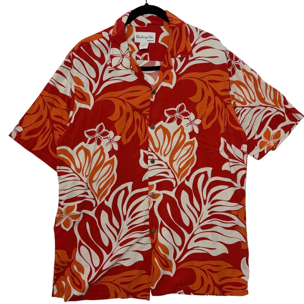 Bishop St Apparel Hawaiian Shirt Mens Medium Red Orange Floral Rayon Made in USA